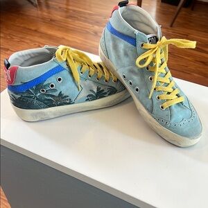Golden Goose Mid Rise Blue Palm Tree Sneakers
